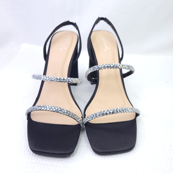 NEW Qupid Kancy 4" Tall Block Heels Rhinestone Straps Black Satin Shoes - Picture 3 of 9